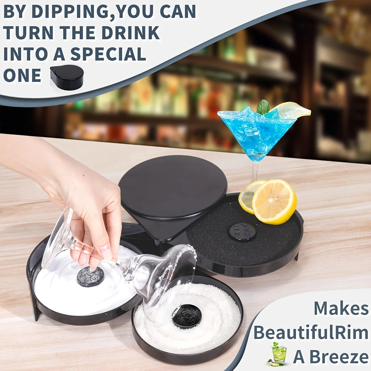 E9 3-Tier Bar Glass Rimmer Bartender Tool with 3 Swing-Out Trays for Cocktail and Margarita Salt Rimmer Bar Cocktail Accessories