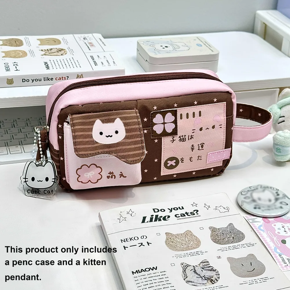 Estojo de Lápis Fofo com Tema de Gato, Bolsa para Canetas com Pingente de Gatinho Destacável, Organizador de Mesa Rosa e Marrom, Caixa de Armazenamento de Papelaria Japonesa, Presente Escolar