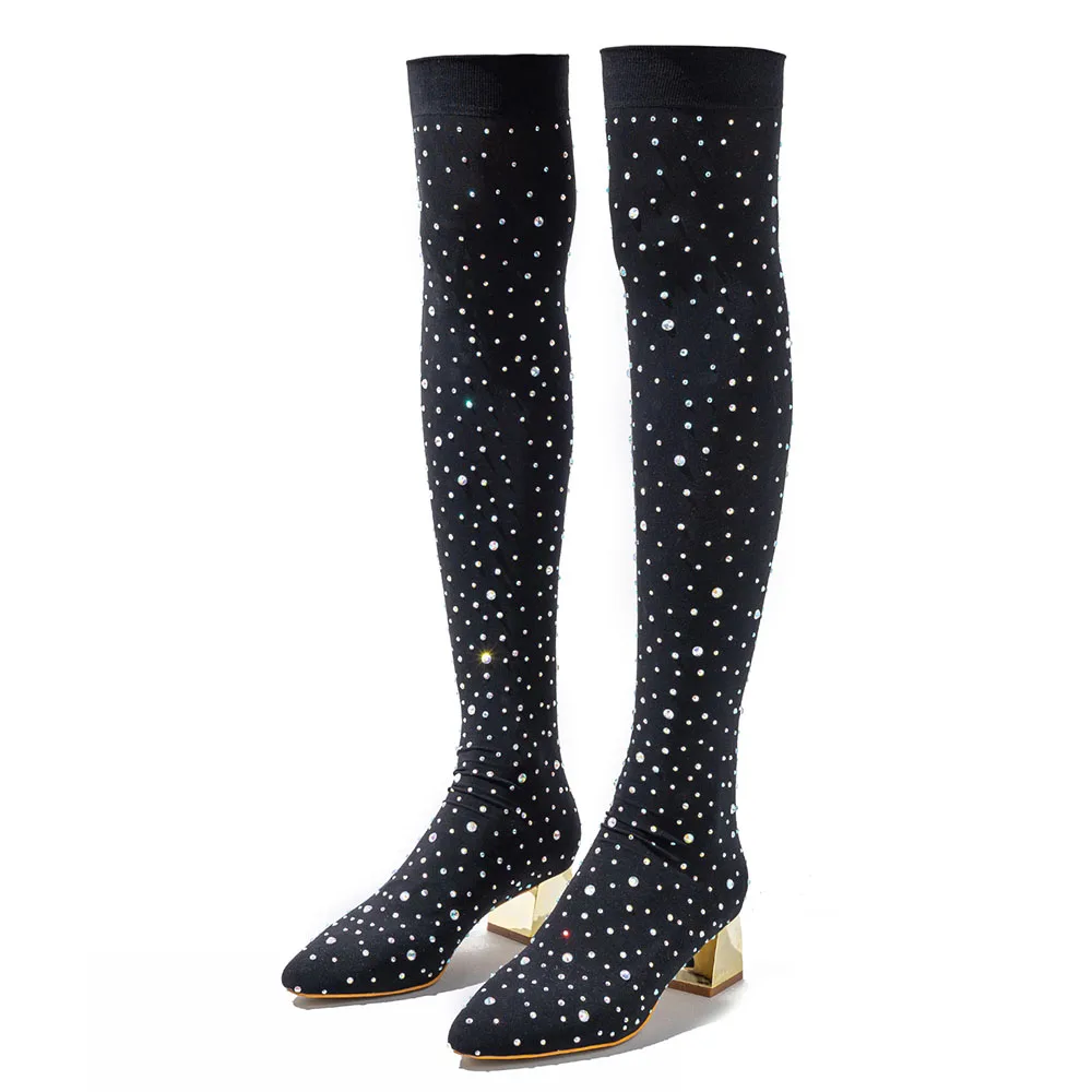 

Сексуальные черные эластичные носки большого размера 42, шикарные сапоги выше колена, женская обувь для вечеринок на квадратном каблуке, эластичные ботинки с блестящими кристаллами