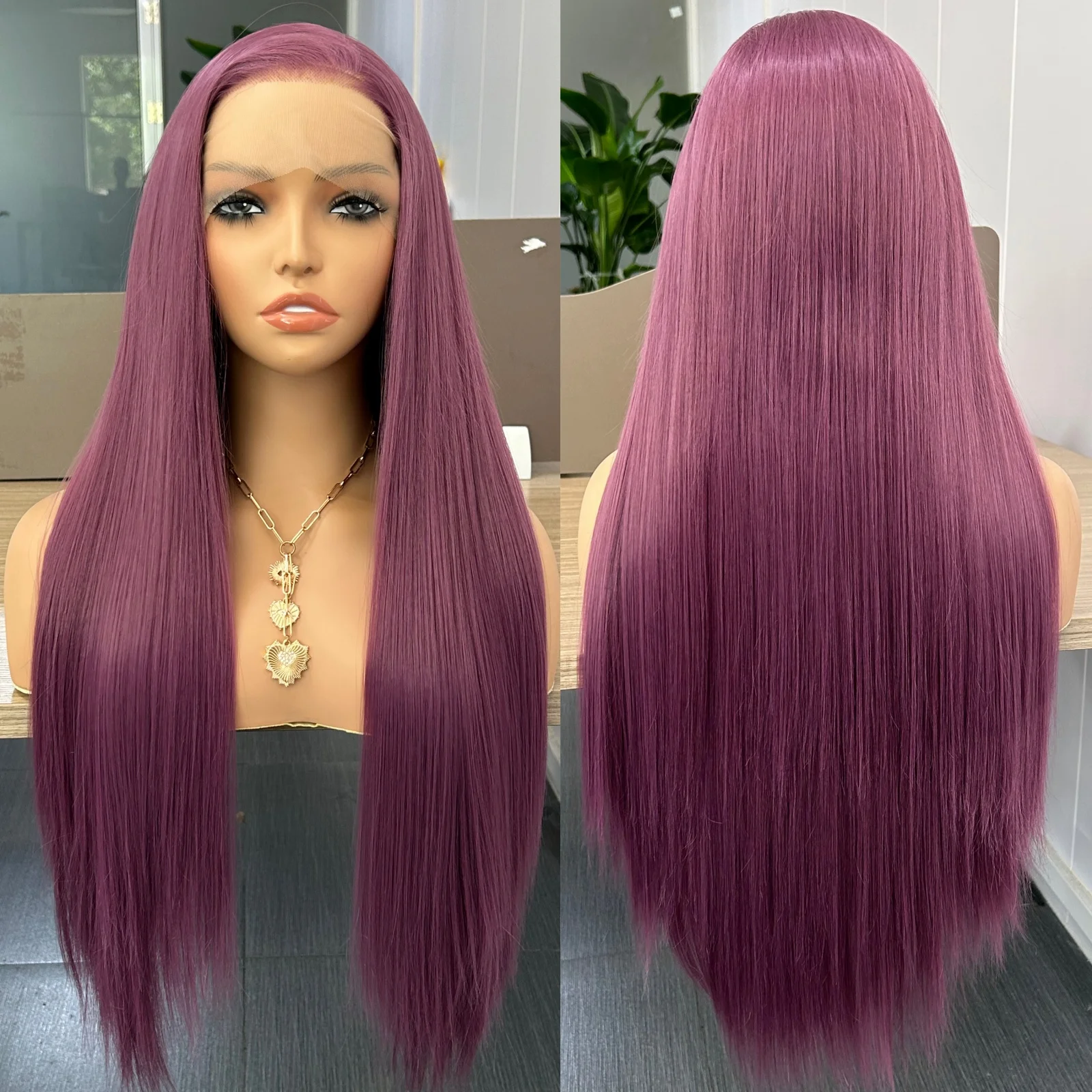 Long Silky Straight Purple Synthetic Lace Front Wigs for Women Free Part Dark Purple Colored Hair 13X4 Lace Heat Resistant Fiber