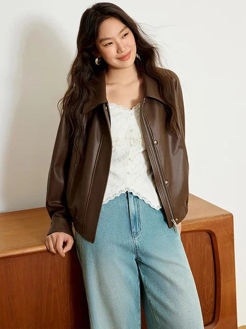 DUSHU Office Lady damska Retro luźna skórzana kurtka 2023 wiosna nowa modna kurtka Casual luźna kurtka damska 25DS81146