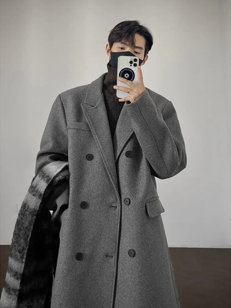 

Ele ey двубортное мужское шерстяное пальто с подкладкой на плечах, воротник костюма, осень-зима, корейское длинное пальто Briti Sle