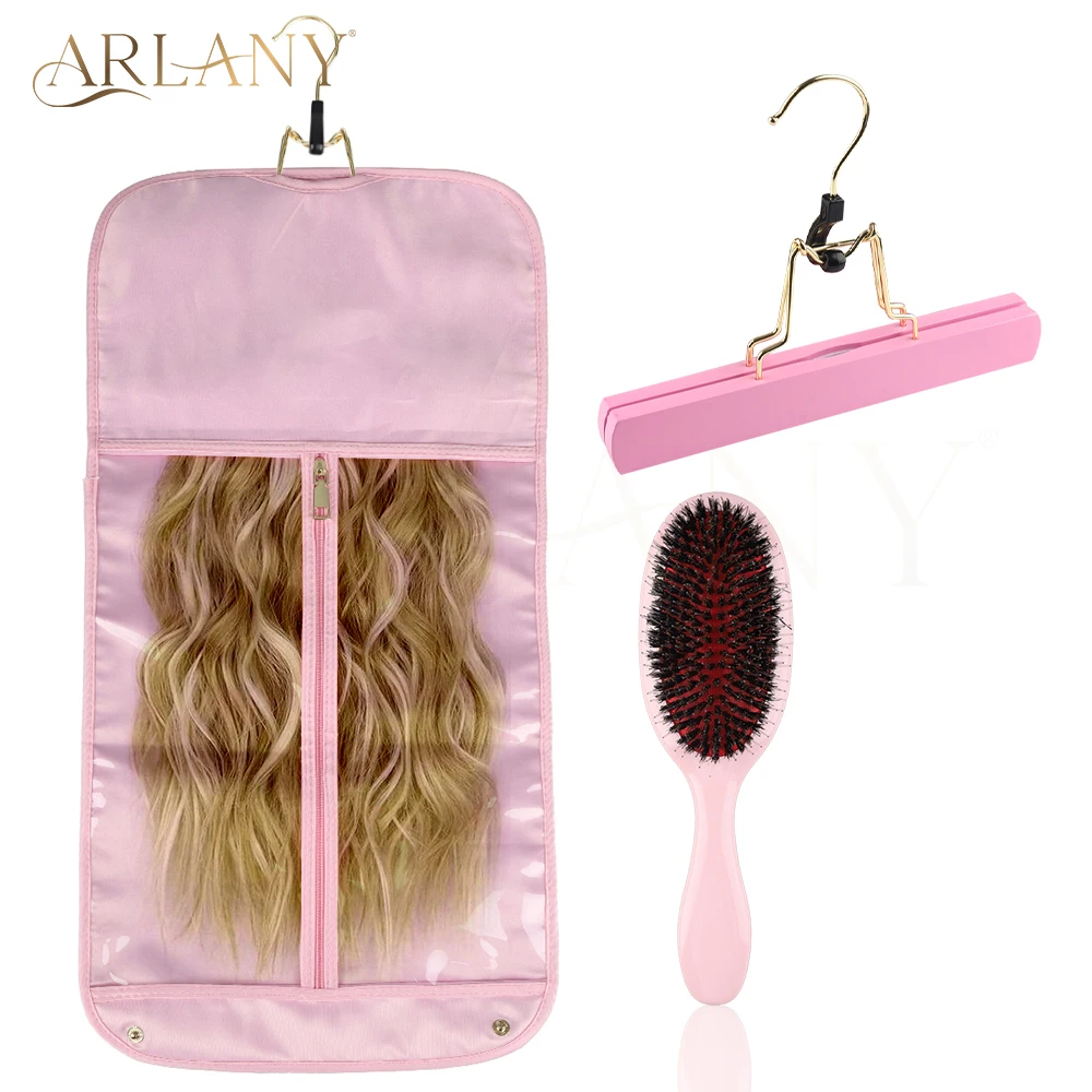 

ARLANY Упаковочная сумка для парика Роскошные атласные упаковочные сумки для наращивания волос Складная сумка для хранения волос с деревянной вешалкой для шиньонов