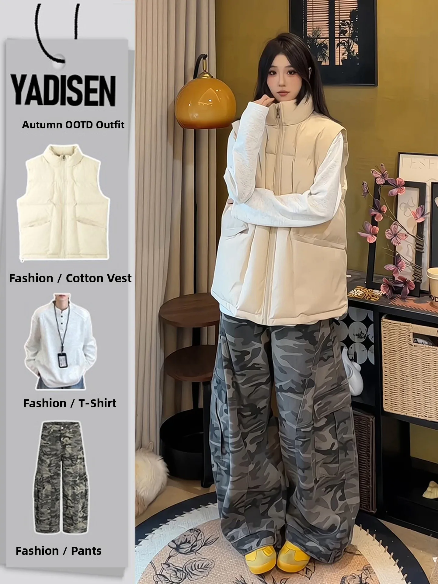 

Комплект из жилета с воротником-стойкой и камуфляжных брюк с широкими штанинами в американском стиле для мужчин и женщин, осенне-зимний модный ансамбль