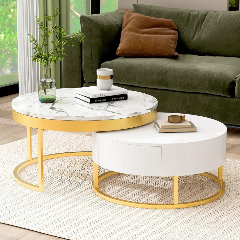 Coffee Table Set of 2, Nesting Tables for Living Room with 2 Drawers, Modern Gold Nesting Coffee Table with Faux Marble Top