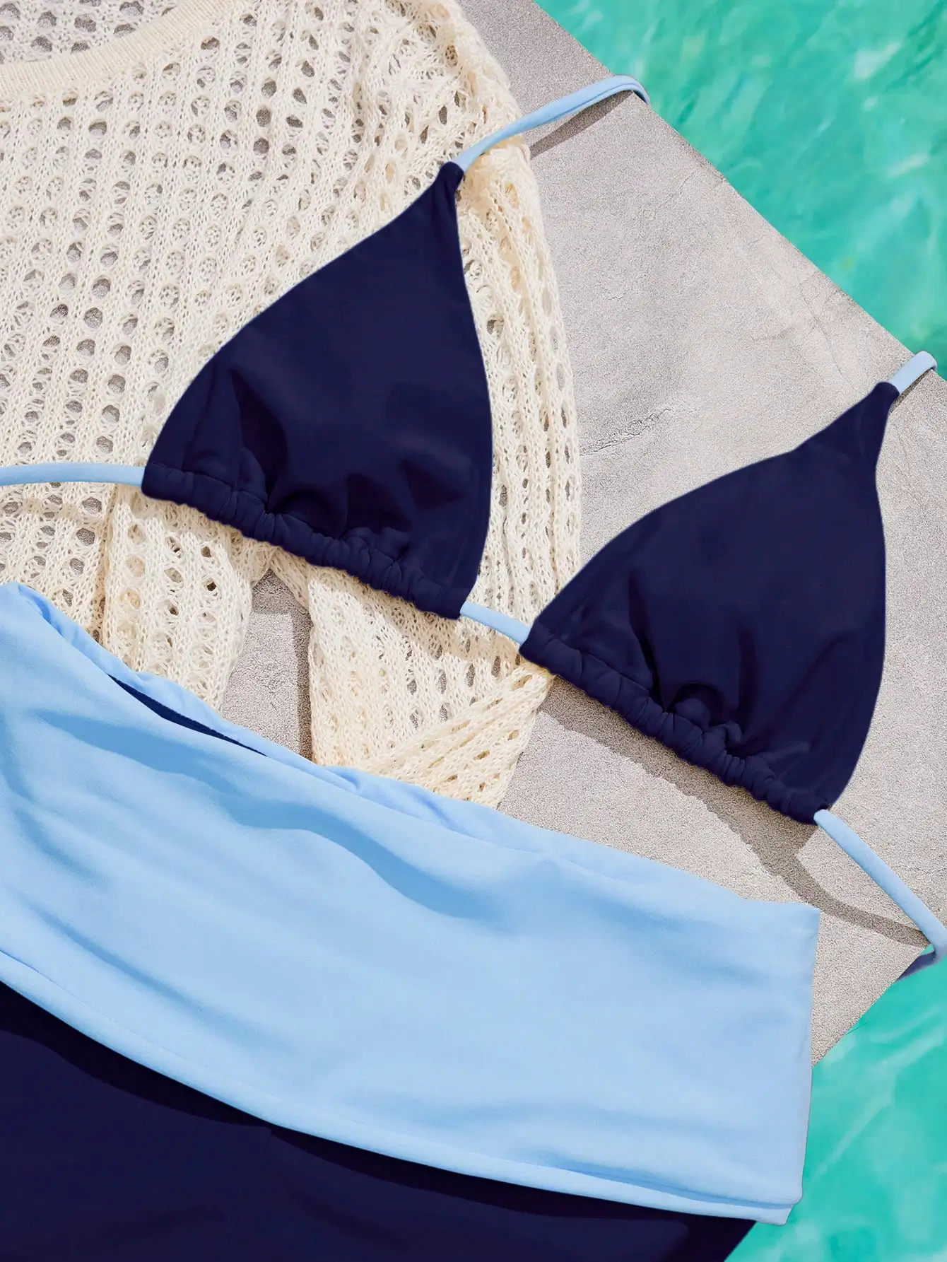 

Women's Navy Blue and Light Blue Bikini Set Triangle Top High Waist Shorts