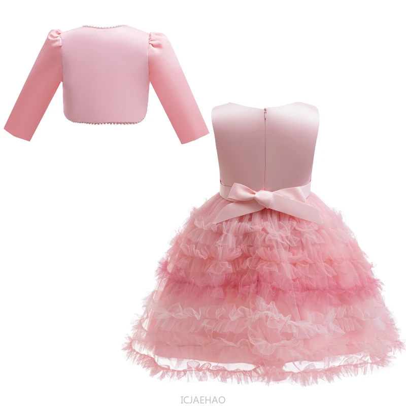 Wed Dress Pink Kids Girls Sleeveless Bow Dresses Tulle Skirt Children Pearl Long Sleeve Single Button Coat 2 Piece Satin Set - view 3