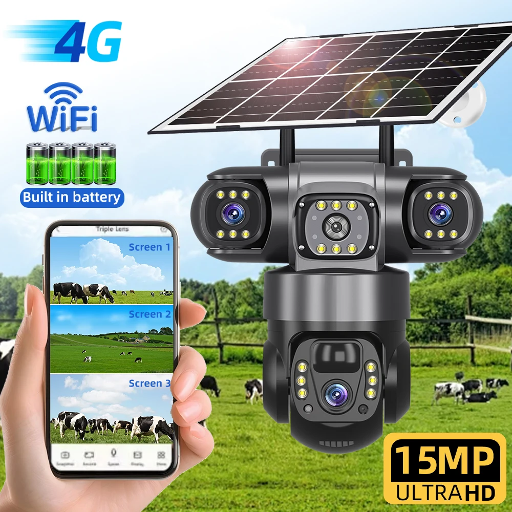 V380 Pro Triple Lens 4G Solar Camera HD 15 MP Outdoor Waterproof CCTV Night Vision Two-Way Audio Mobile Tracking IP Camera