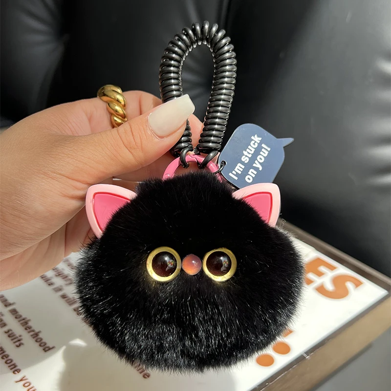 Plush Cat Keychain For Women Real Rabbit Fur Ball Kitten Keyring Student Gift Bag Lanyard Bag Pendant Cheap Gift For Friends