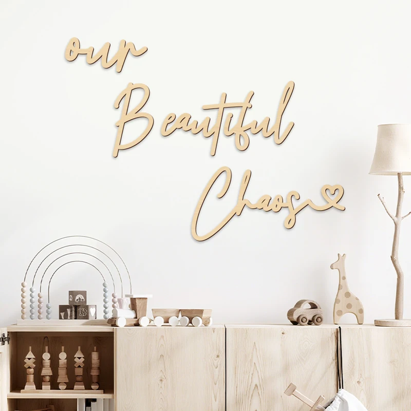 Our Beautiful Chaos Sign Wooden Wall Stickers Wall Art DIY Words Crafts for Home Room Bedroom Above The Bed Wall Decorations
