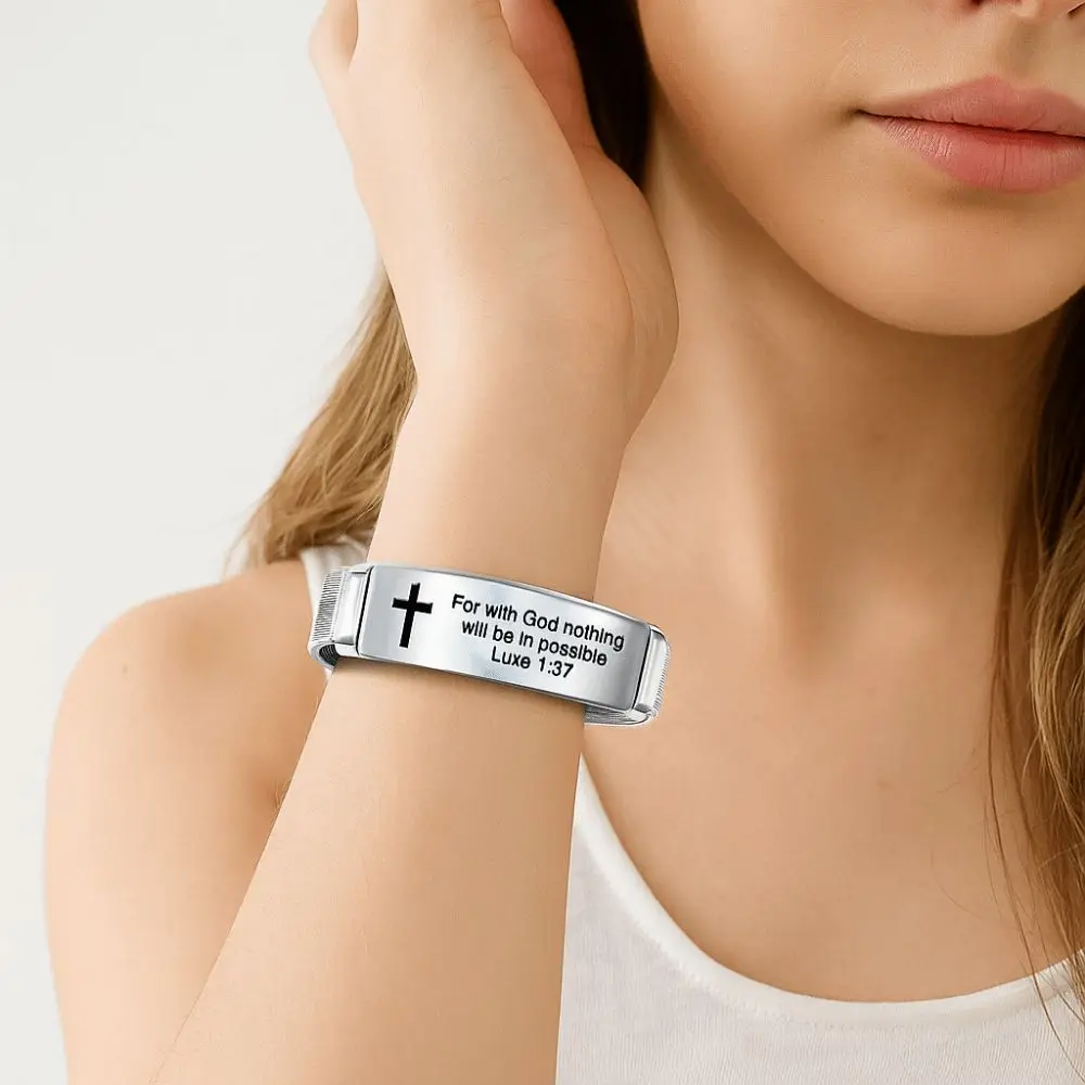 Stainless Steel/PVC Inspirational Quotes Braclets Silver Bible Verse Family Friendship Bracelet Adjustable Christian Bracelet