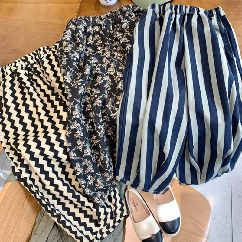 Girls\' Pants With Wavy Stripes And Floral Bloomers Pants For Autumn New Fashionable And Versatile Pants For Children\'S Trousers