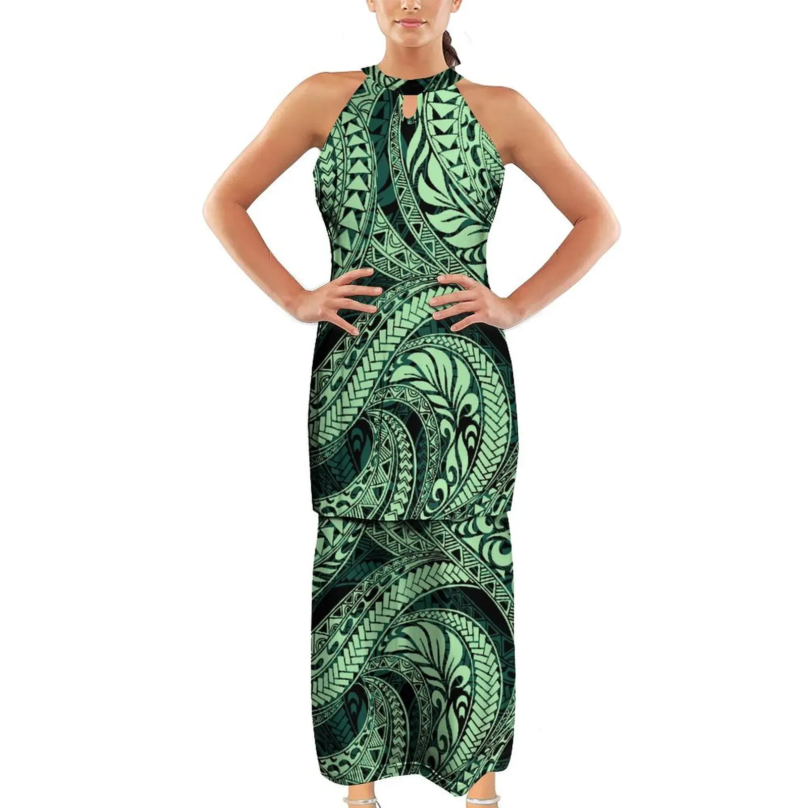 

Samoa Island Clothing Custom Polynesian Women'S Puletasi Summer Double Suit Dress Casual Elegant Sleeveless Design Long Dress