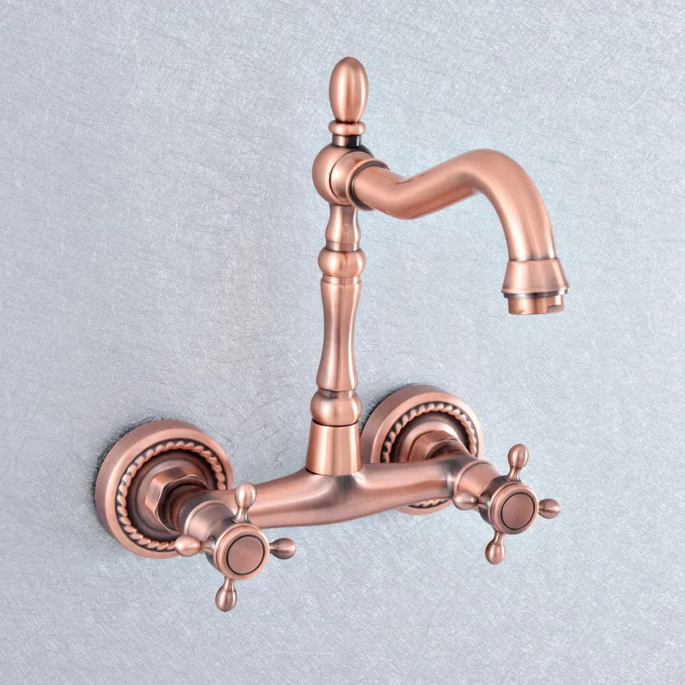 

Antique Red Copper Bathroom Kitchen Sink Faucet Mixer Tap Swivel Spout Wall Mounted Double Cross Handles tsf857