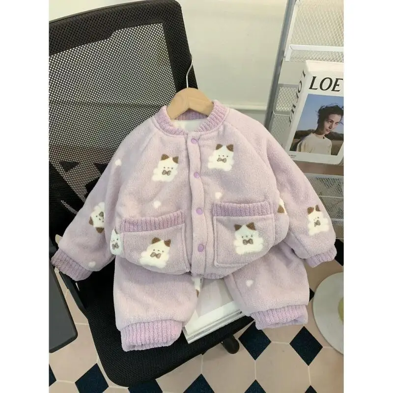 

2025 Girls' Pajama Set Autumn Winter Flannel Sleepwear Cute Cartoon Loungewear Warmth Comfortable Kids Clothing Fashion Pj Set