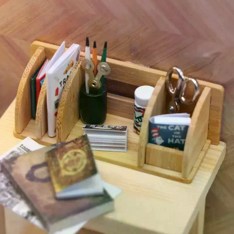 1 Set Dollhouse Miniature Desktop Bookshelf Stationery Rack Home Model For Doll House Decor Kids Pretend Play Toys Gift
