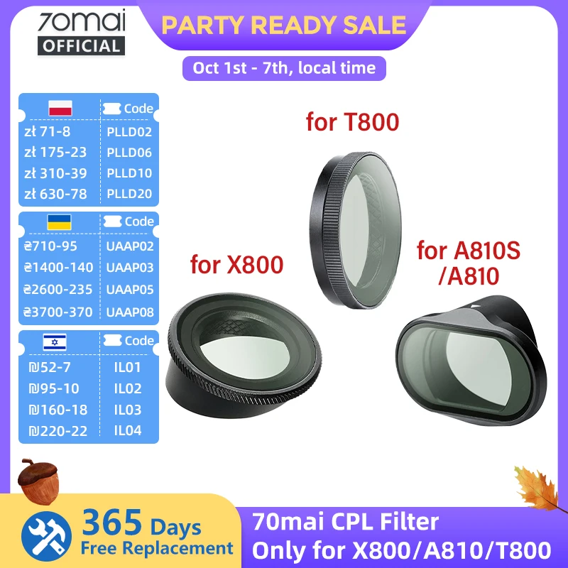 Oryginalny filtr CPL 70mai do 70mai A900/ T800/ X800/ A810 Lite/ A810S/ A810 Okrągły filtr polaryzacyjny do obiektywu, osłona obiektywu