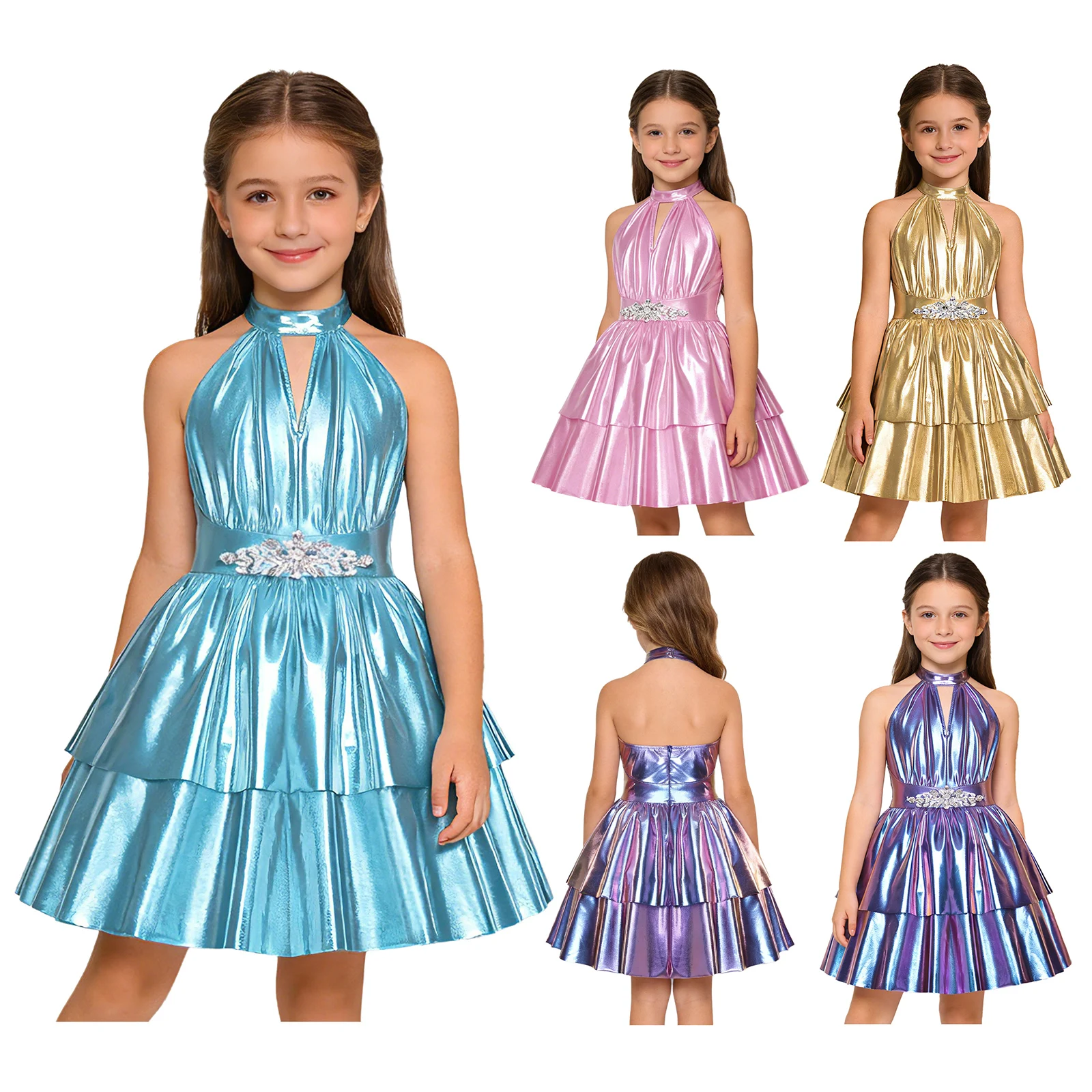 فستان حفلات لامع لامع للأطفال البنات مزين بحجر الراين بدون ظهر وحاشية متدرجة على شكل حرف a لأداء الرقص