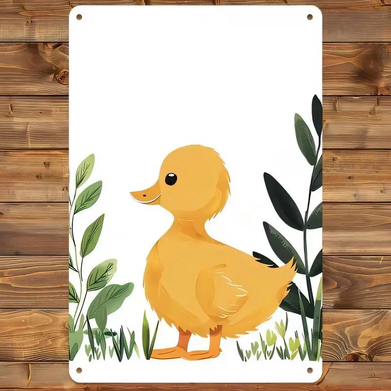 Cute Yellow Duckling & Green Leaves Metal Tin Sign - Whimsical Farmhouse Wall Art, Iron Material, Perfect for Nursery/Kids’ Room