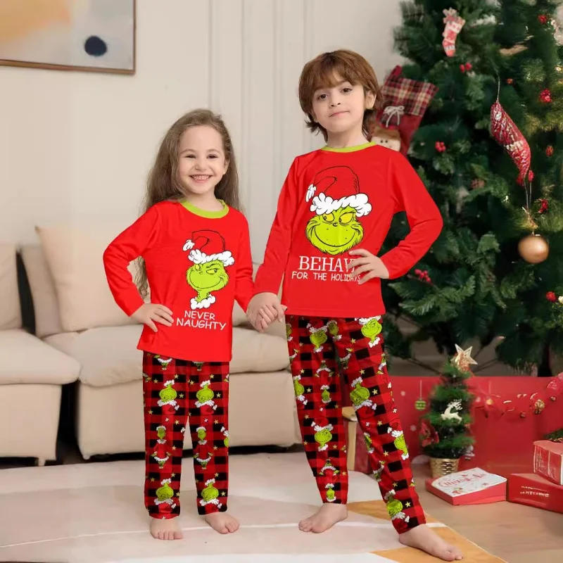 Christmas Family Matching Pajamas Set Little Monster Print Parent-child Outfits  Top+Stripe Pants Xmas Sleepwear Baby Jumpsuit