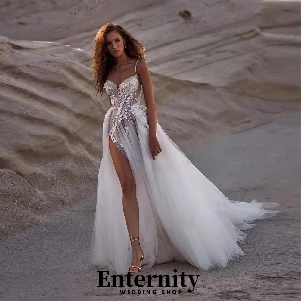 

Customized Lace Up High Split Wedding Dresses V Neck For Women Charming Simple Flower Applique Bridal Gown Vestidos De Novia