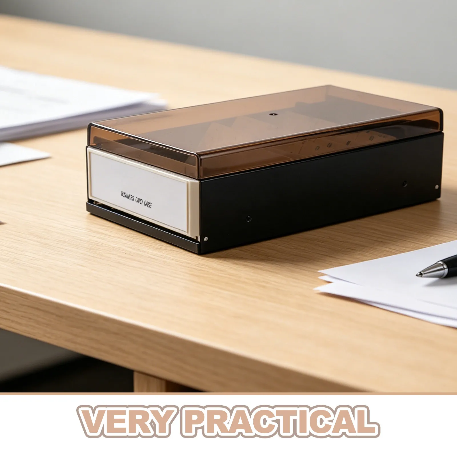 Large Capacity Business Card Storage Box Black Desktop Organizer Lid A- Tabs 600 Cards Office Card Holder Organizer Case