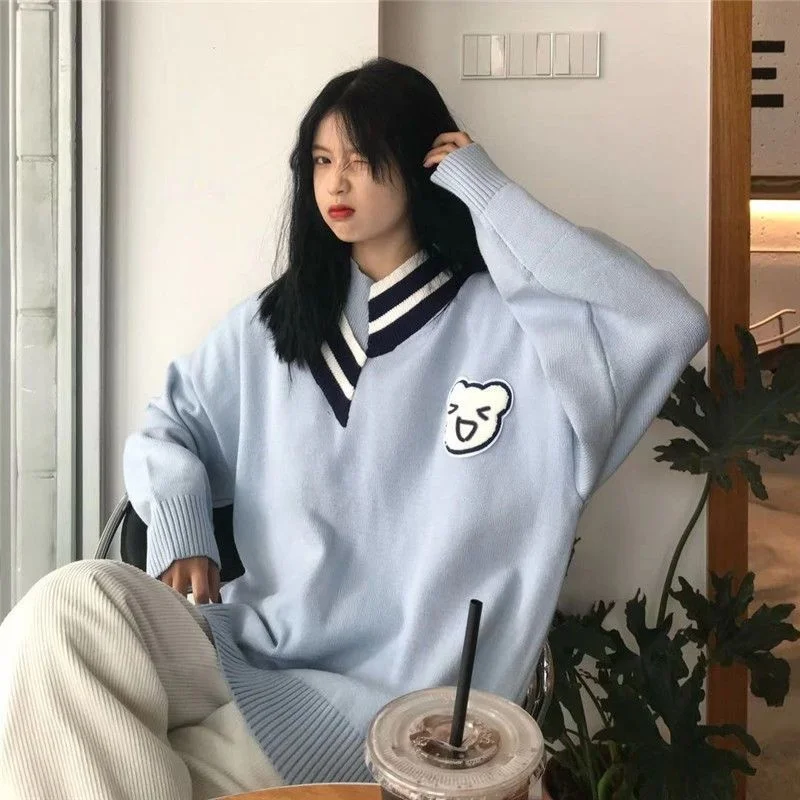 Preppy Kawaii Bear Blue Sweater Women Korean Fashion Cute Jumper Female Oversize Winter Patchwork Pullover Knitwear