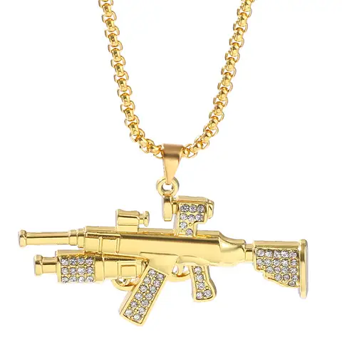 AK47 Rhinestones Link Chain Necklace Hip Hop Uzi Gun Pendant Steampunk Jewelry for Men Women Alloy Accessory