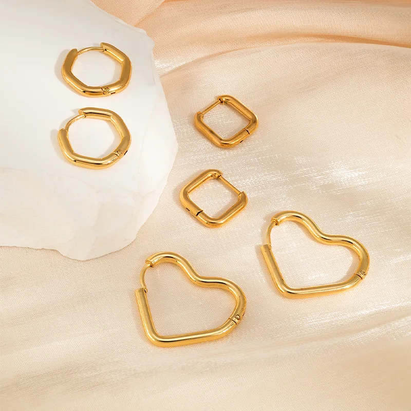 3Pairs Minimalist Hexagon Heart Square Huggies Earrings Set for Women Girls Geometric 18K Gold Plated Stainless Steel Ear Hoops