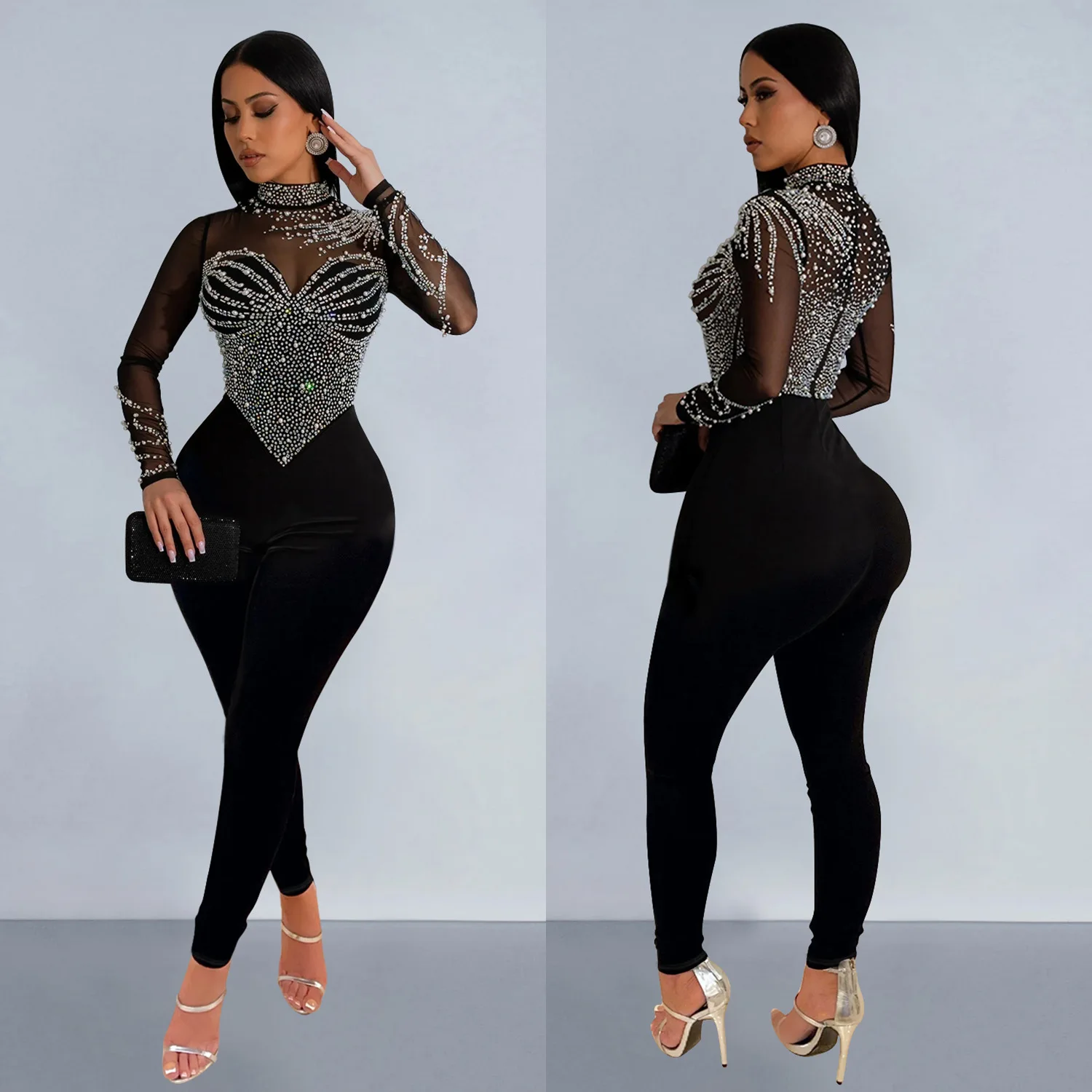 

Stylish Romper Fashion Women Solid Color Mesh Rhinestone Long Sleeve Long Pants Jumpsuit for Slim Fit Party Wear