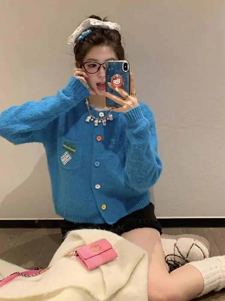 

Korean Vintage Women's 2025 New Sweet Solid Long Sleeve Cardigan Sweater Autumn Winter Single Breasted Holiday Knitted Tops Chic