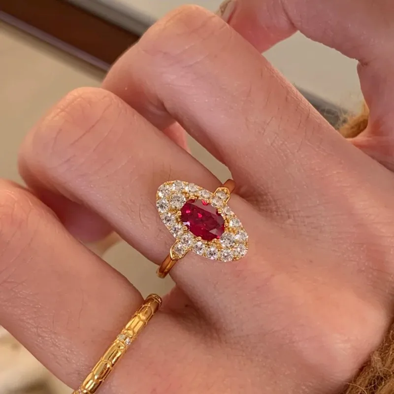 Vintage Shield Shape Red Ruby Gemstones Full 5A Zircon Diamonds Rings for Women 18K Gold Filled Silver Chic Finger Bands Trendy 3