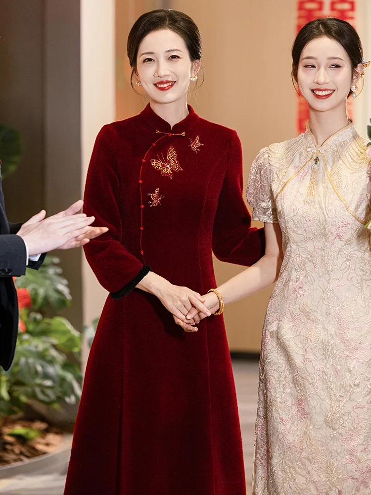 

Warm Fce Lined Thi Winter Wedding Dr for Mother of the Bride High End Marital Celebration Long Sve Retro Sle Qipao