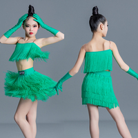 Kids Latin Dance Clothing For Girls Green Latin Fringed Top Skirt Stage Latin Dance Costume Performance Dance Wear SL8459