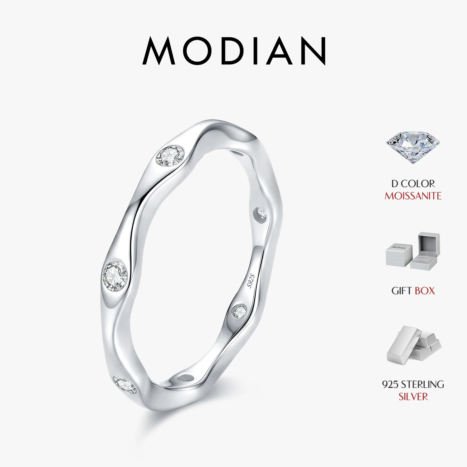 MODIAN D Color Moissanite Wavy Band Ring Solid 925 Sterling Silver  Irregular Lab Diamond Stackable Rings Women Wedding Jewelry
