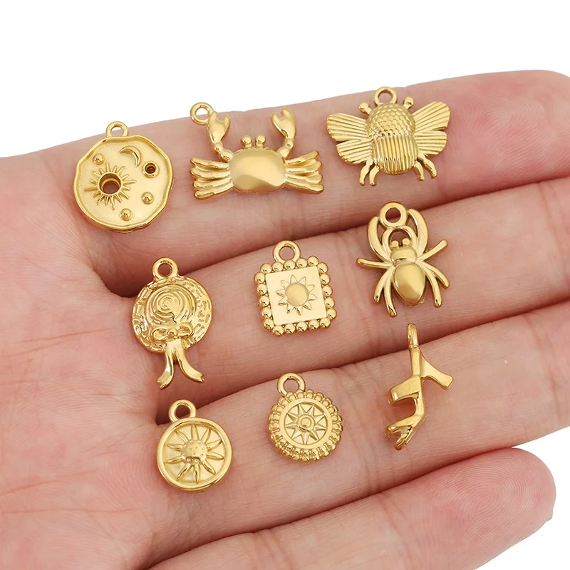 5pcs Stainless Steel Gold Color Charms Sun Crab Spider Beetle Pendants for DIY Women Necklace Earrings Jewelry Making Supplies view 6