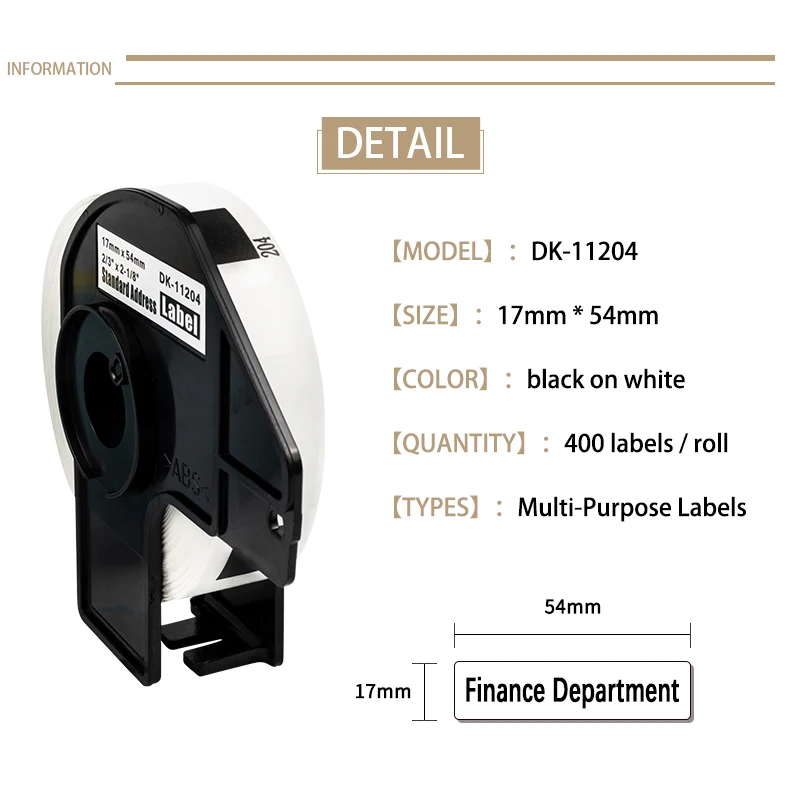 1Roll DK11204 Thermal Label 17mm*54mm*400 pcs Die Cut Labels DK-11204 DK 11204 Compatible for Brother QL-500 QL-700 QL-800