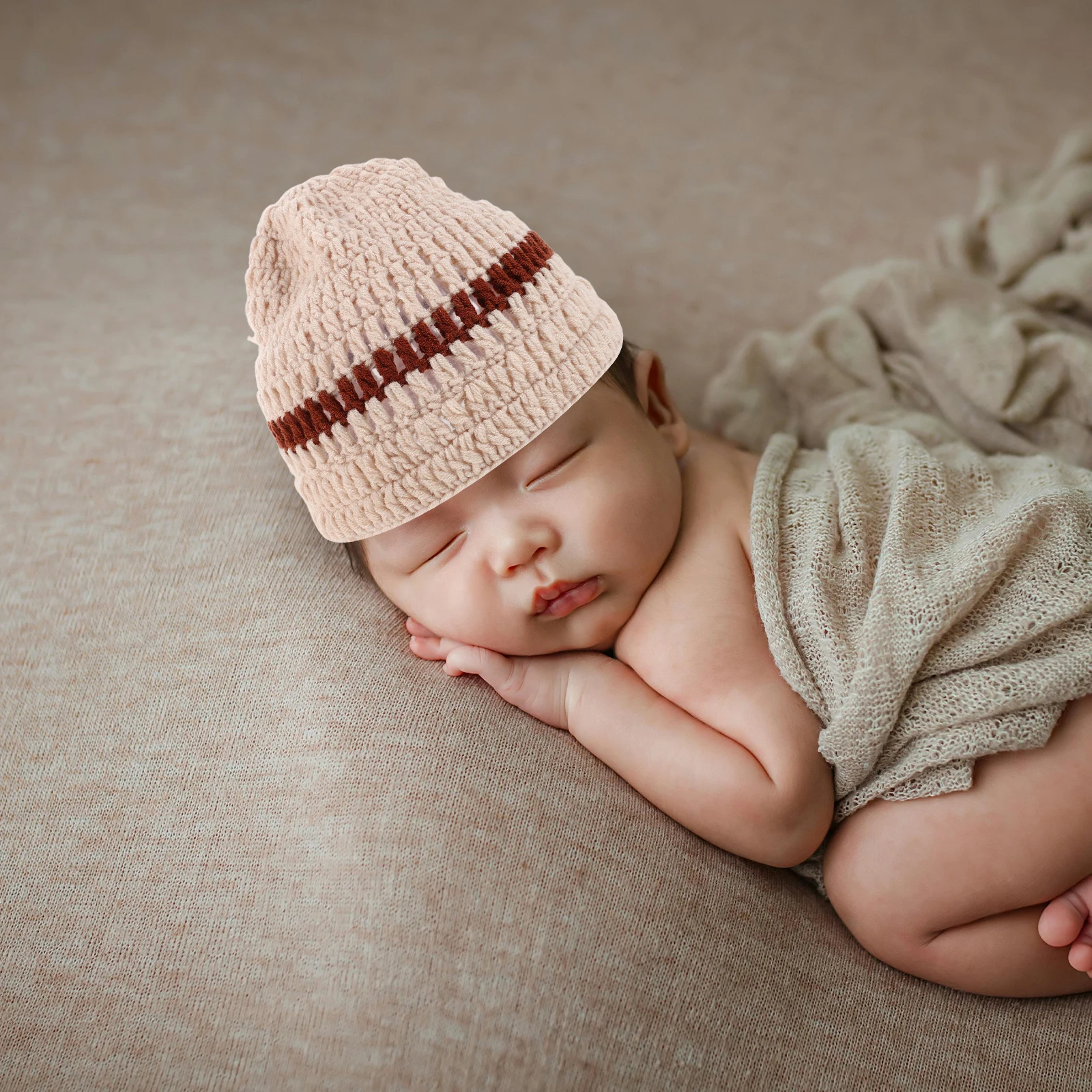 

1 Set Newborn Cowboy Outfit Beige Crochet Costume Handmade Knitted Hat Shoe For Photography Unisex Gift Shower Spring
