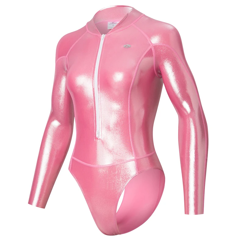 LEOHEX Spandex Damen Glänzende Surf-Trikots mit Reißverschluss vorne, einteilig, langärmelig, Badeanzug, Tauchstrumpfhose, Clubwear, Party