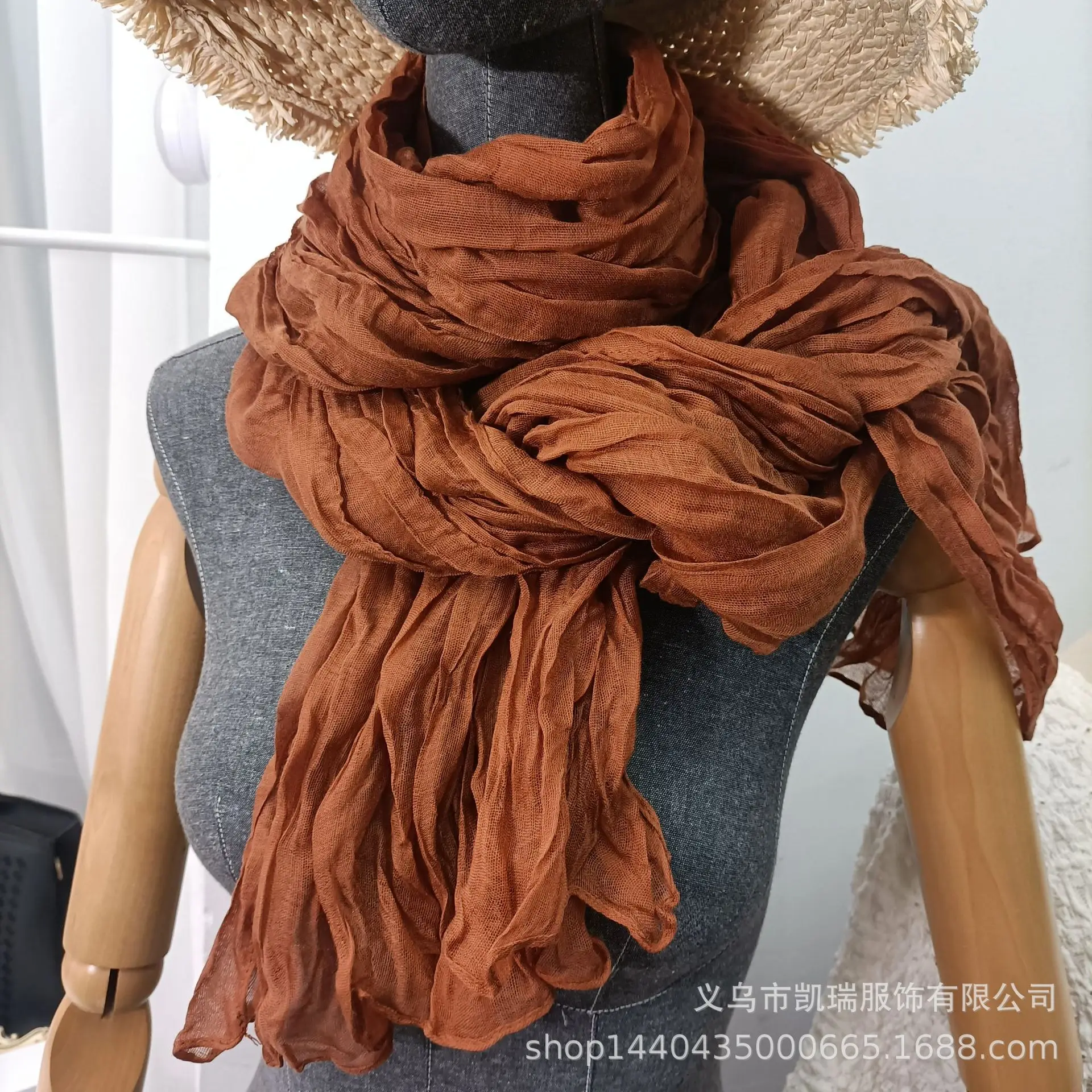 

180*90cm Cotton Linen Scarf, Vintage Wrinkle Green Thin Long Shawl, Warm Scarf for Women Men