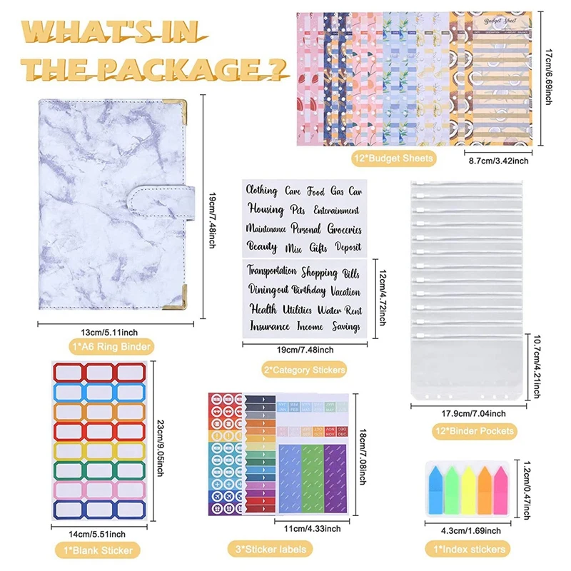 A6 Binder Notebook, Marble Ring Binder With Clear Plastic Binder Covers, Budget Sheets, Label Stickers, Binder Bag