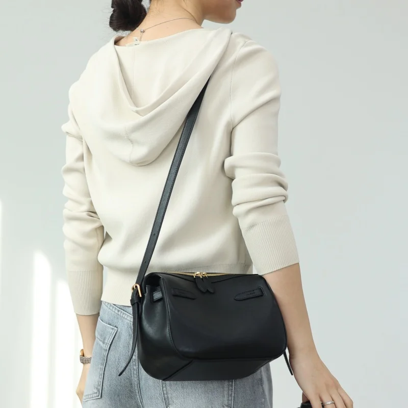 Genuine Leather Fashion Crossbody Bags For Women Luxury Black Cowhide Handbag Detchable And Adjustable Shoulder Strap