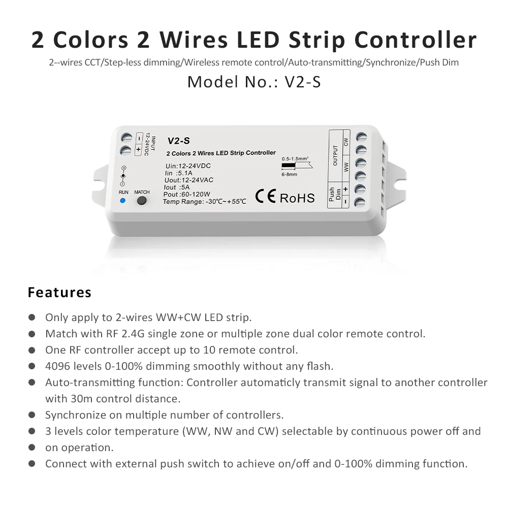 DC 12V 24V LED Controller for CW WW Strip Lights CCT 2 Wires Push Dimmer 0-100% Dimming Function Wireless RF Remote Control V2-S