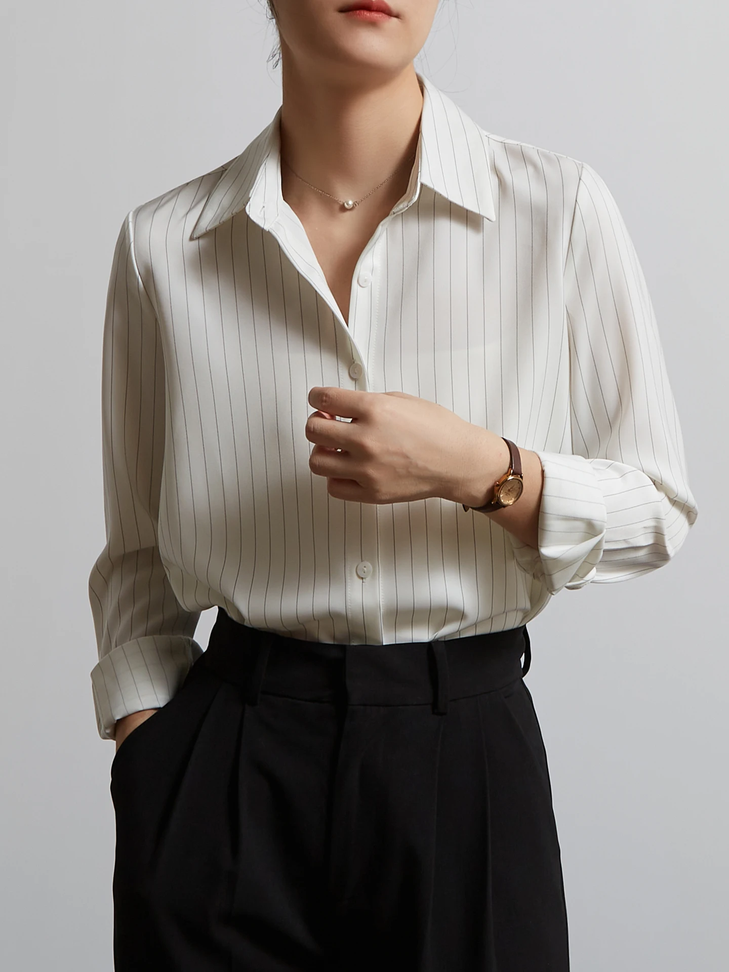 

CHICBLISS Silk Stripe Shirt Women's OL Style Commute Professional Drapey Long Sleeve Top for Job Interview Female Clothing
