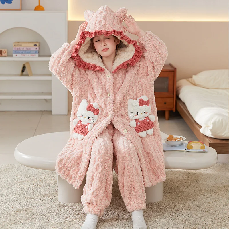

Hello Kittys Girl Child Pajamas Autumn Winter New Coral Fleece Thicken Home Clothes Flannel Nightgown Kawaii Children's Clothing