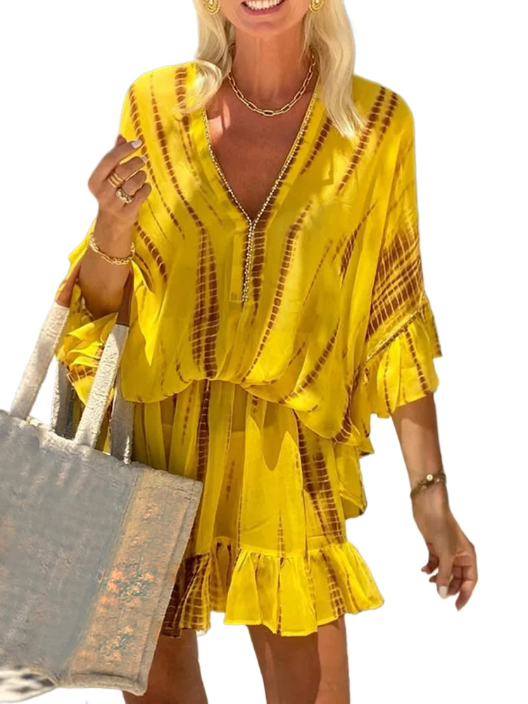 

Casual Print Mini Dress Lady Fashion Holiday Beach Party Dresses For Women V Neck Pullover Loose Skirt Dress Female Summer New