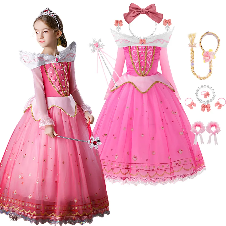 Girls Pink Aurora Princess Dress Long Sleeve Lace Tulle Ball Gown Kids Cosplay Costume for Halloween Birthday Party Fancy Dress