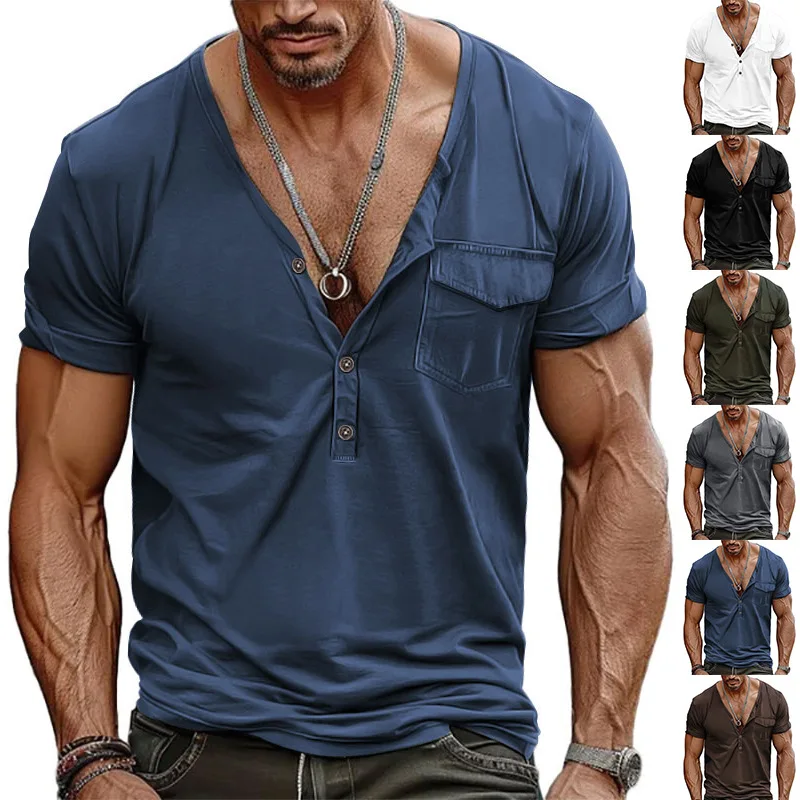 Short Sleeve Men's T-Shirt Summer Premium Sense Solid Color Large Size Loose Retro Casual Henry Shirt Short Sleeve