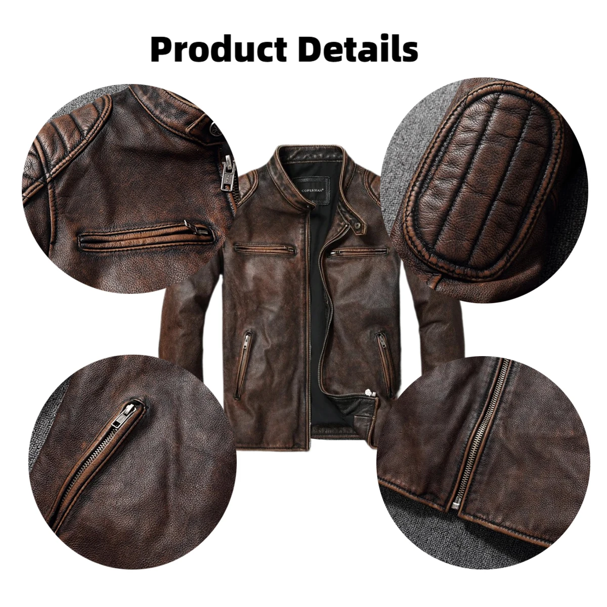 Italian Oil Wax Vegetable Tanned Bark Pattern Sheepskin Genuine Leather Jacket Men'S Motorcycle Standing Collar Leather Jacket - view 3