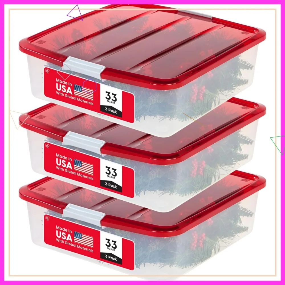 

Набор из 3 штук: Прозрачные/красные коробки для хранения рождественских венков объемом 33 кварта с крышкой, штабелируемые органайзеры под кровать для украшений